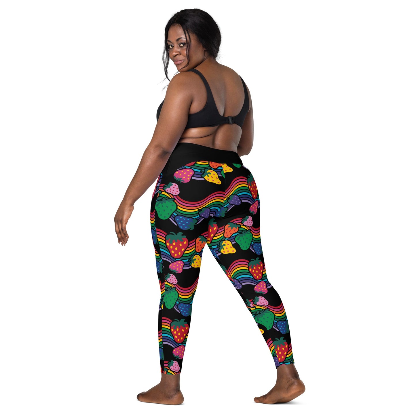 Leggings With Pockets - BERRYBOW black - Strawberry Rainbow Print