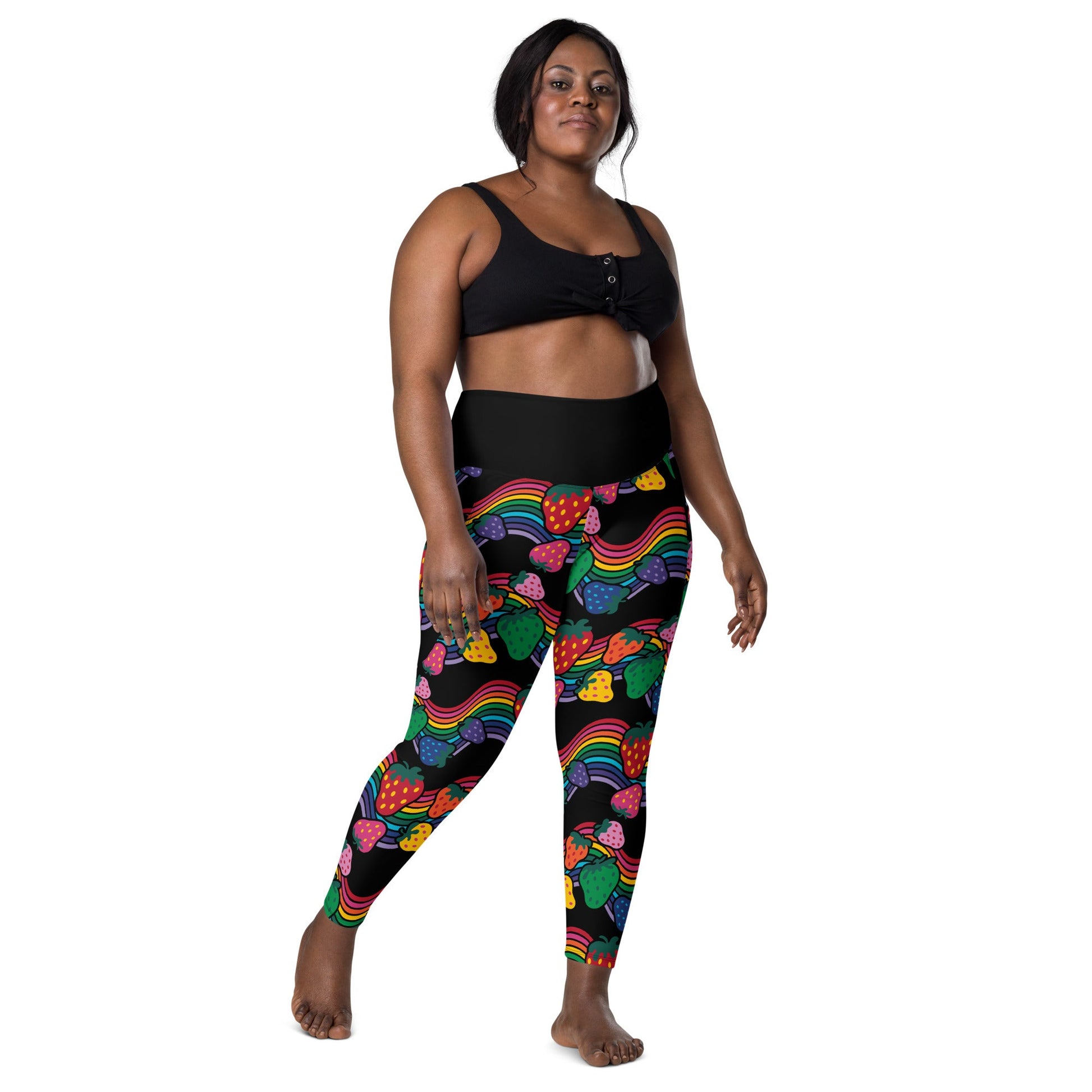 Leggings With Pockets - BERRYBOW black - Strawberry Rainbow Print