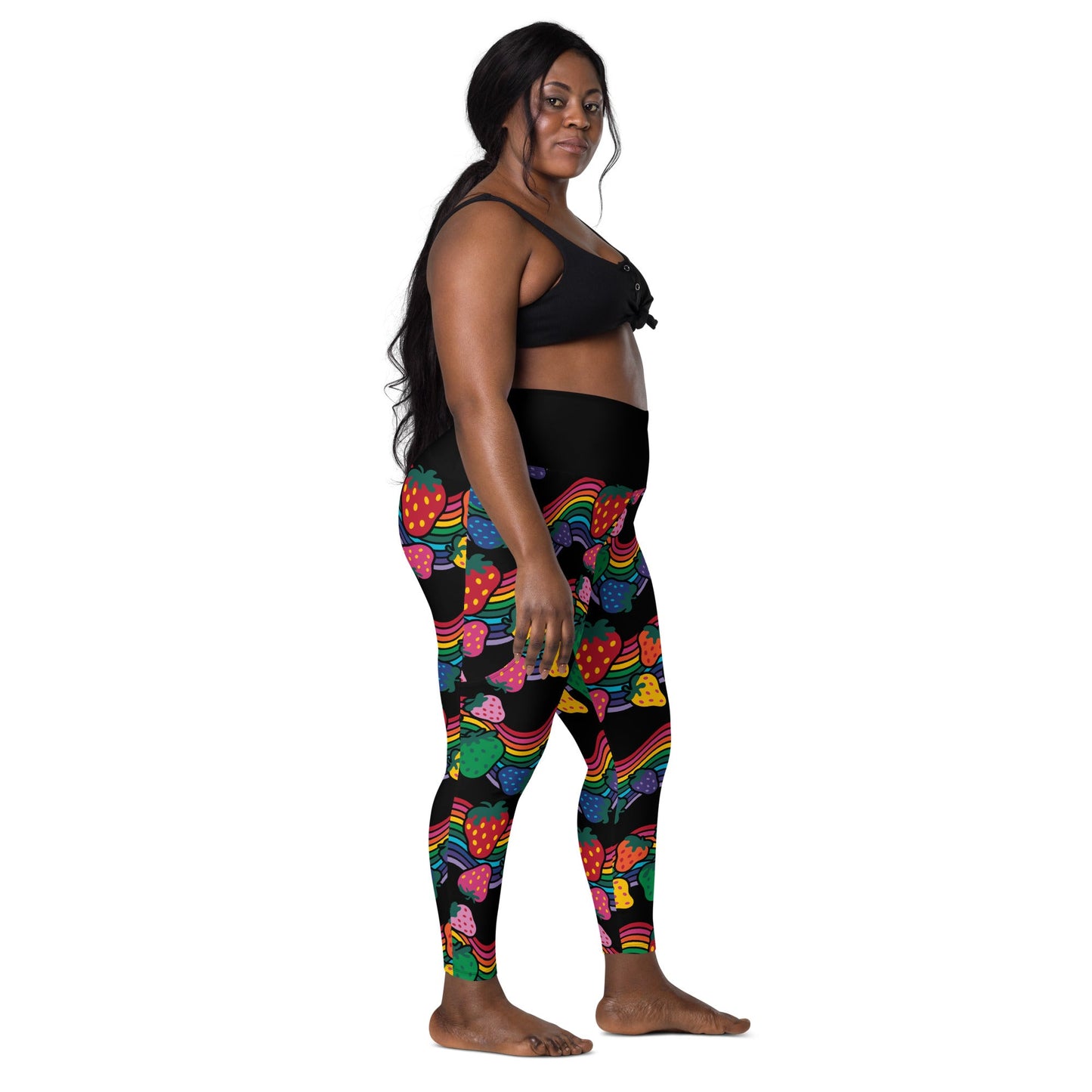 Leggings With Pockets - BERRYBOW black - Strawberry Rainbow Print
