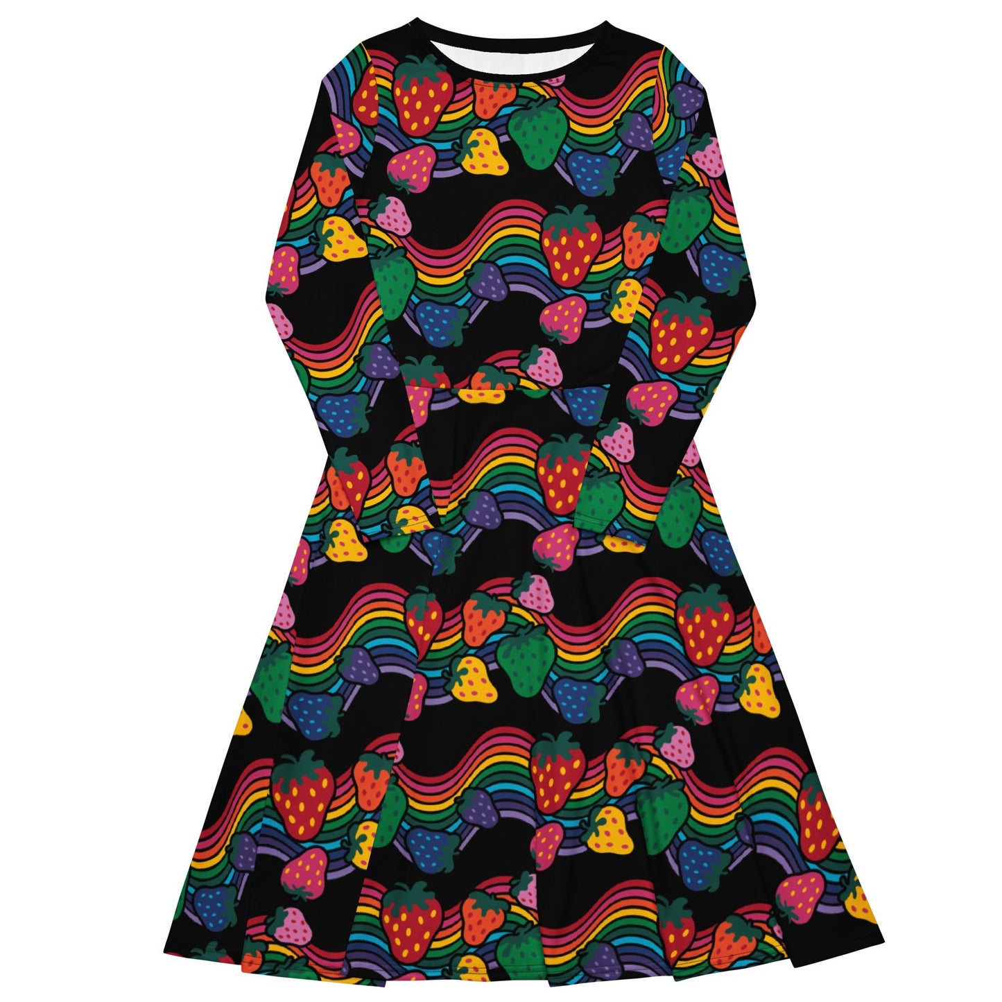 Midi Dress - BERRYBOW black - Strawberry Rainbow Print