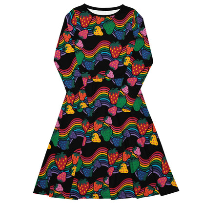Midi Dress - BERRYBOW black - Strawberry Rainbow Print