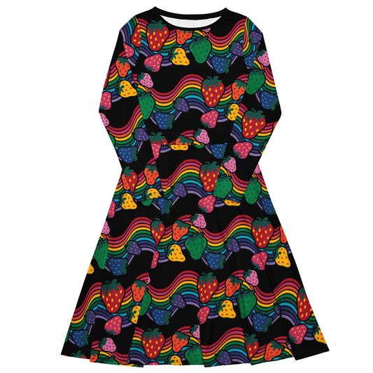 Midi Dress - BERRYBOW black - Strawberry Rainbow Print