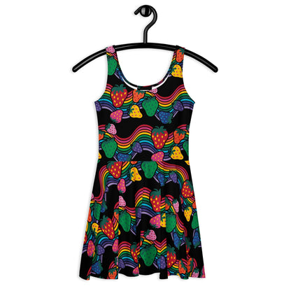Skater Dress - BERRYBOW black - Strawberry Rainbow Print