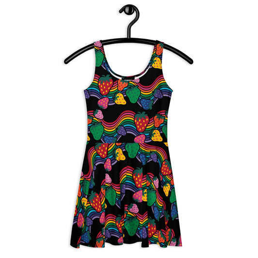 Skater Dress - BERRYBOW black - Strawberry Rainbow Print