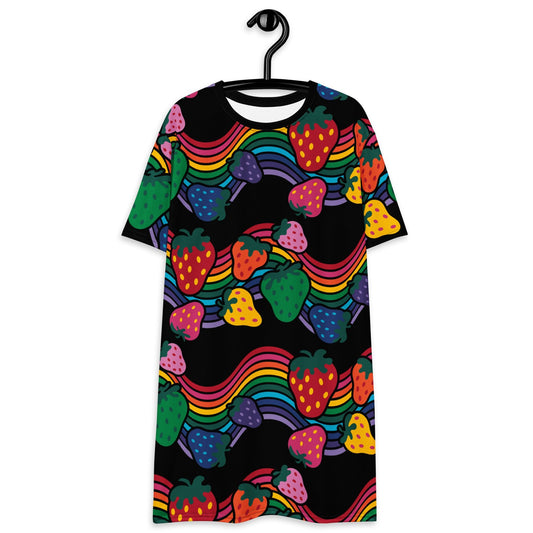 T-Shirt Dress - BERRYBOW black - Strawberry Rainbow Print