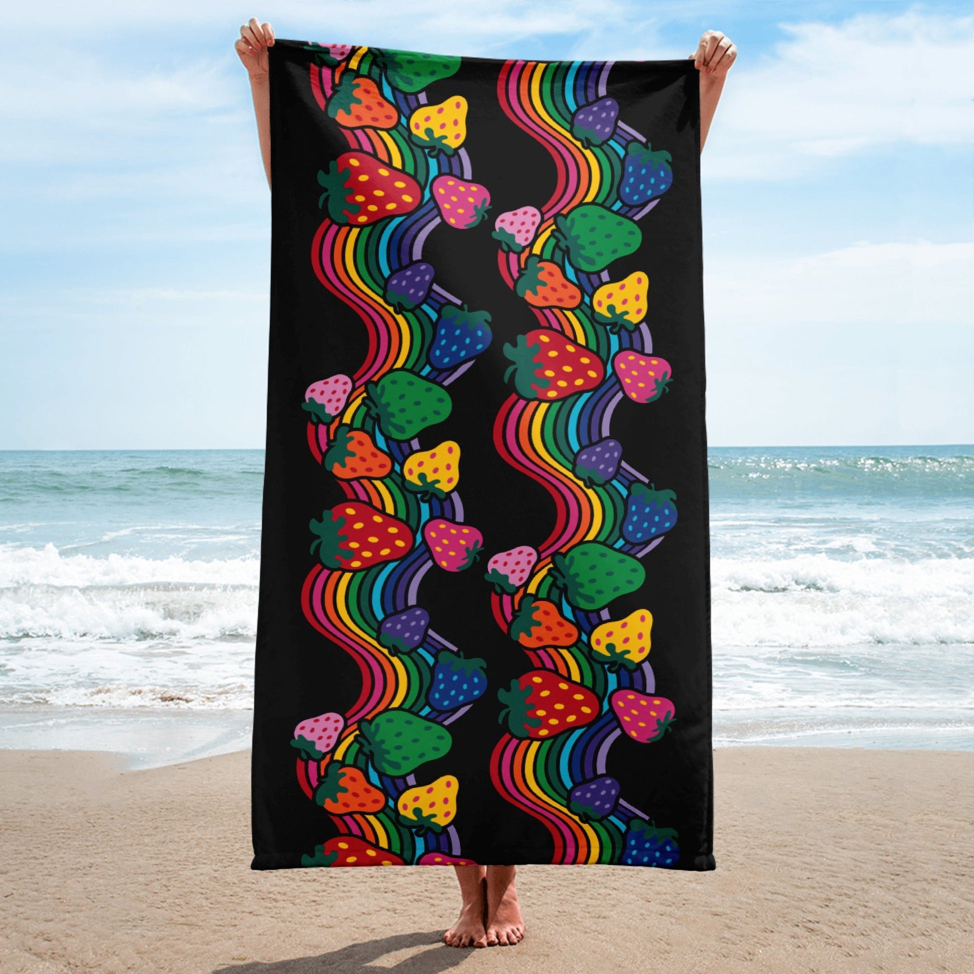 Towel - BERRYBOW black - Strawberry Rainbow Print