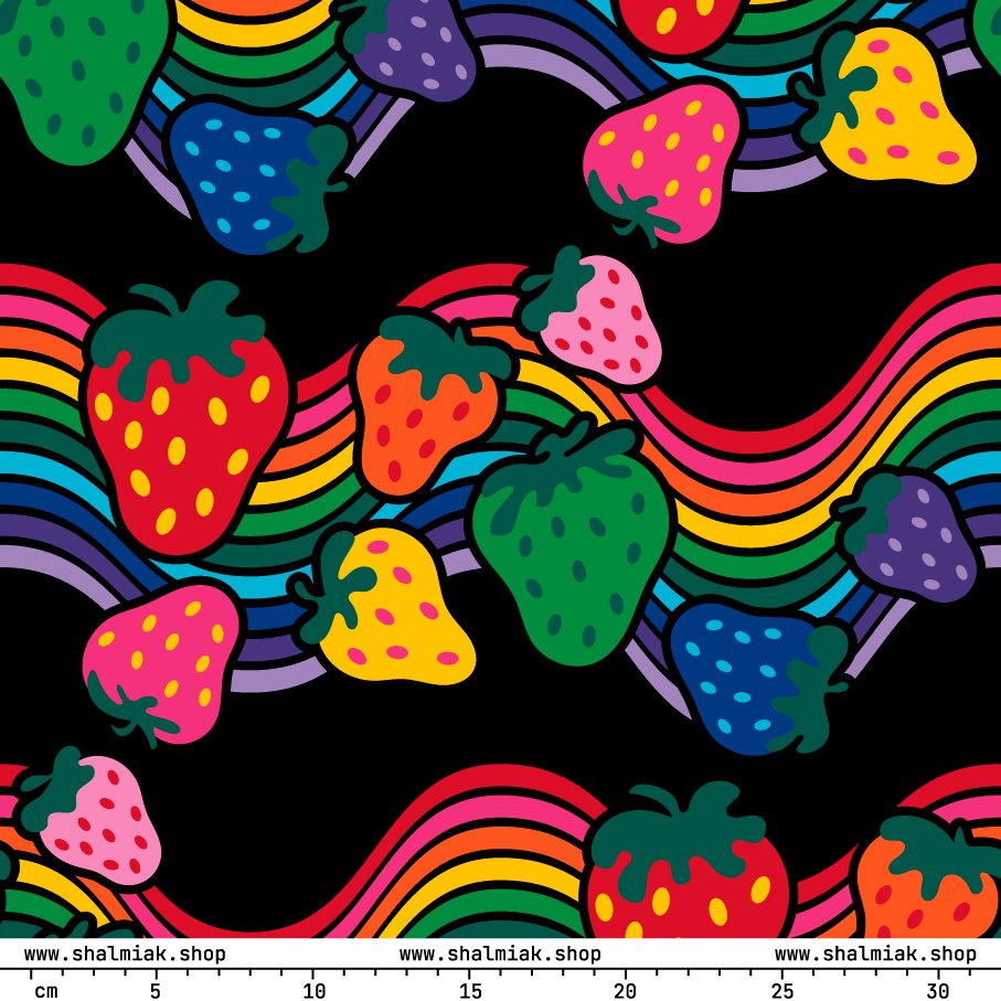 Fabric - BERRYBOW black - Strawberry Rainbow Print