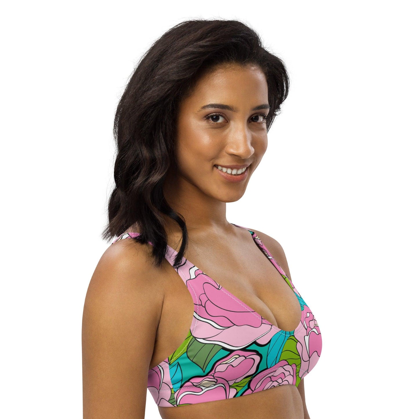 Bikini Top - BE MY ONLY pink turquoise - Bold Pink Peonies Print