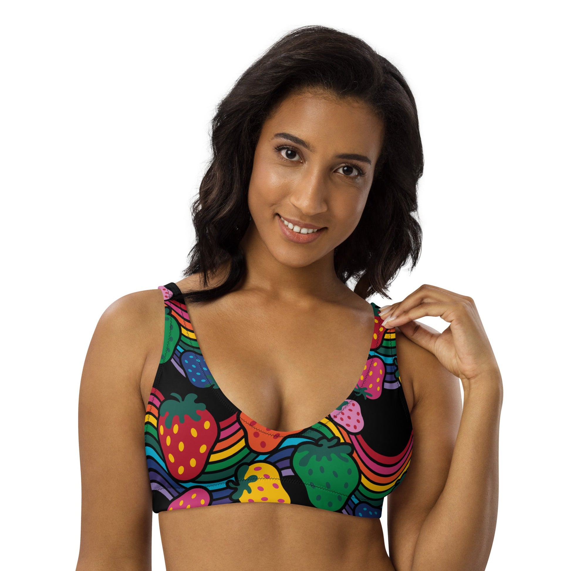 Bikini Top - BERRYBOW black - Strawberry Rainbow Print