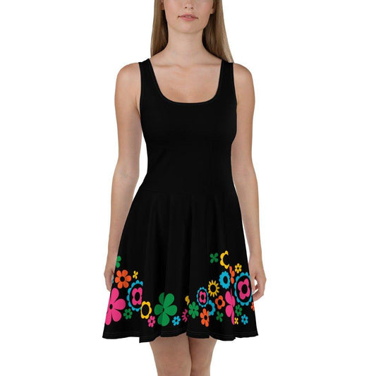 Skater Dress - BLACK with BLOOMPOP happy - Popping Bloom Print