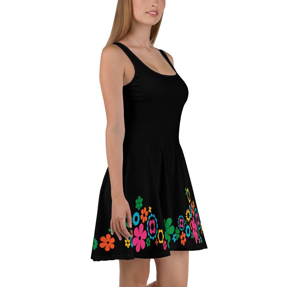 Skater Dress - BLACK with BLOOMPOP happy - Popping Bloom Print