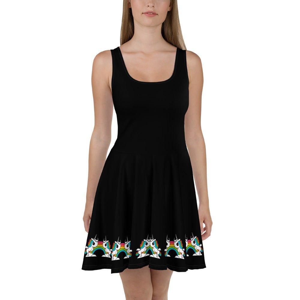 Skater Dress - BLACK with UNIQUE - Unicorns and rainbows