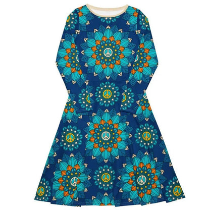 Midi Dress - BLOOM WITH PEACE orange blue - Flowers and Peace