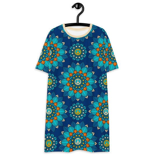 T-Shirt Dress - BLOOM WITH PEACE orange blue - Flowers and Peace
