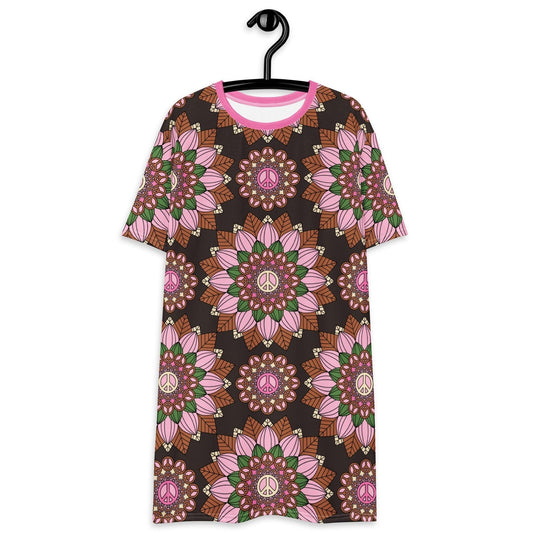 T-Shirt Dress - BLOOM WITH PEACE pink brown - Flowers and Peace