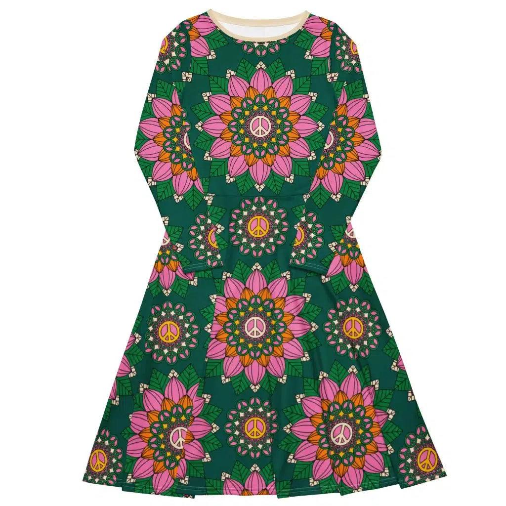 Midi Dress - BLOOM WITH PEACE pink green - Flowers and Peace