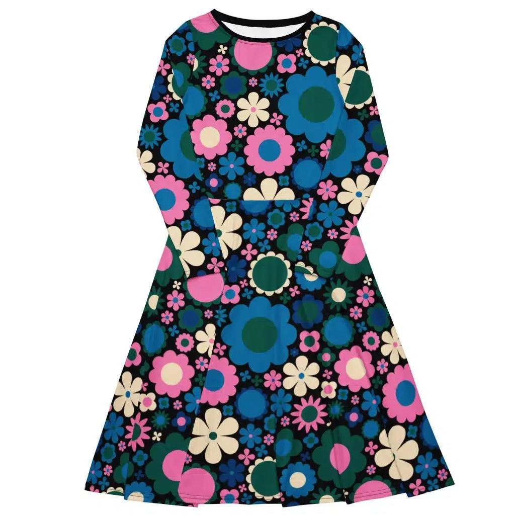 Midi Dress - BLOOMPOP blue pink 2 - Popping Bloom Print