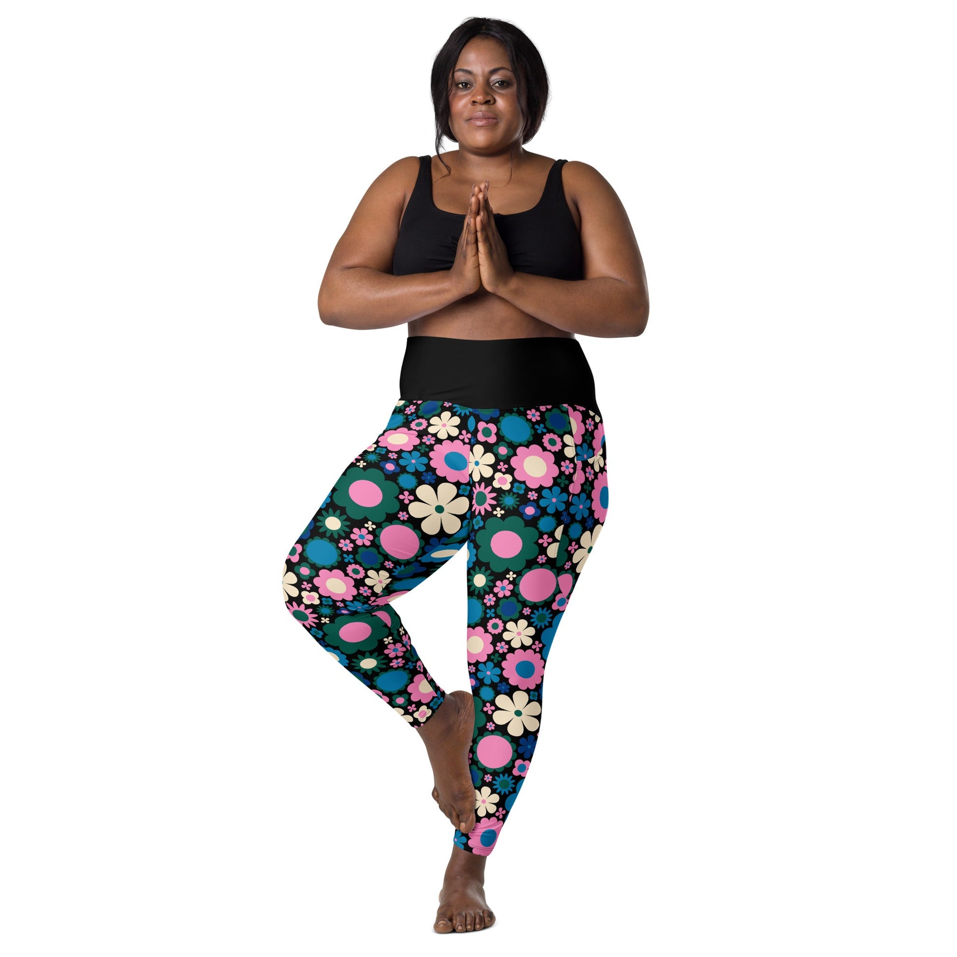 Leggings With Pockets - BLOOMPOP blue pink - Popping Bloom Print