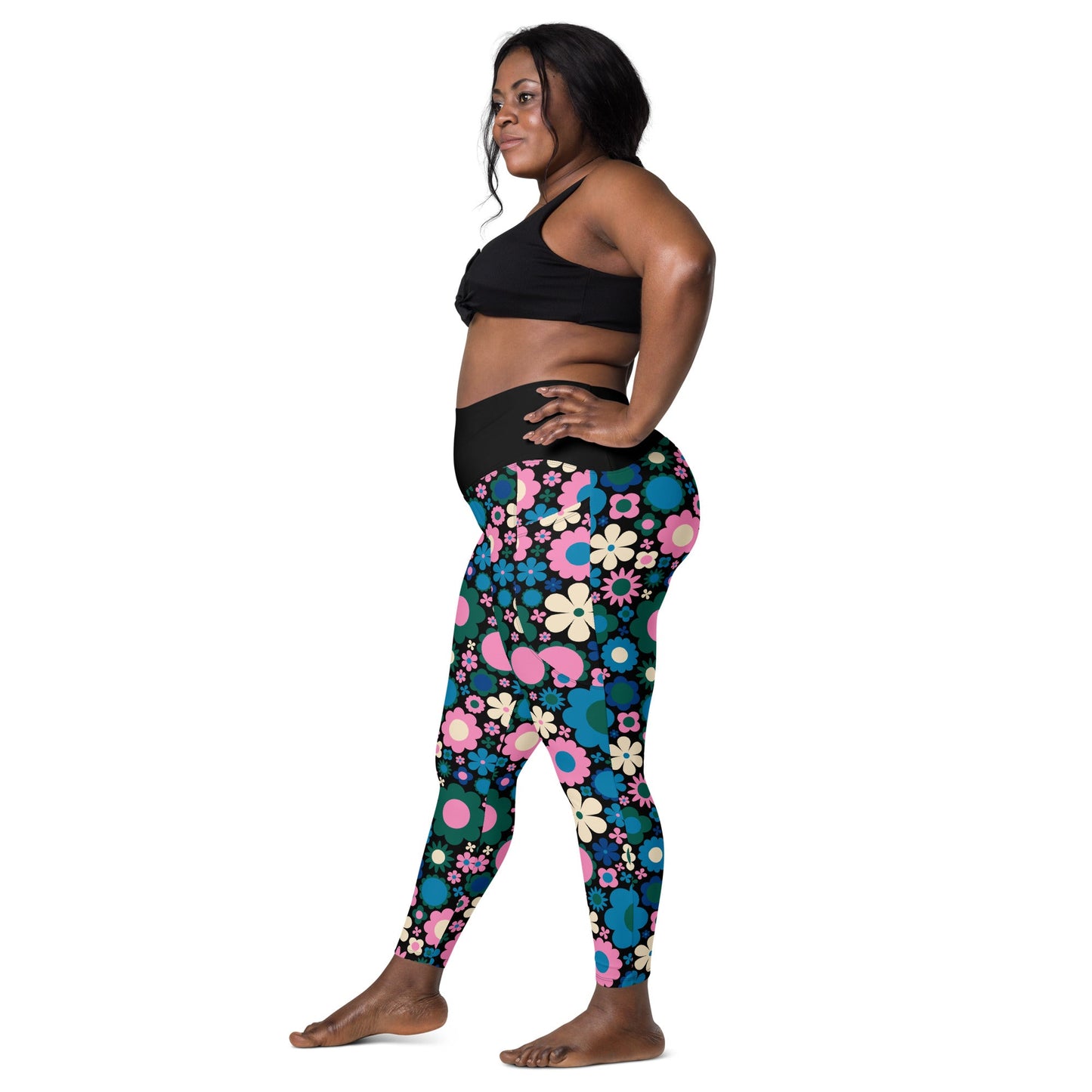 Leggings With Pockets - BLOOMPOP blue pink - Popping Bloom Print