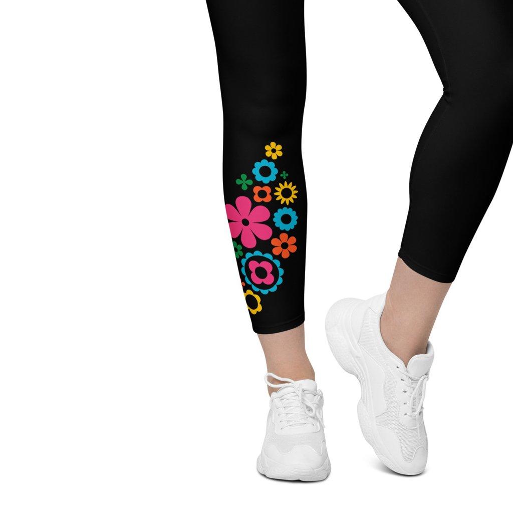 Leggings With Pockets - BLOOMPOP happy in black - Popping Bloom Print