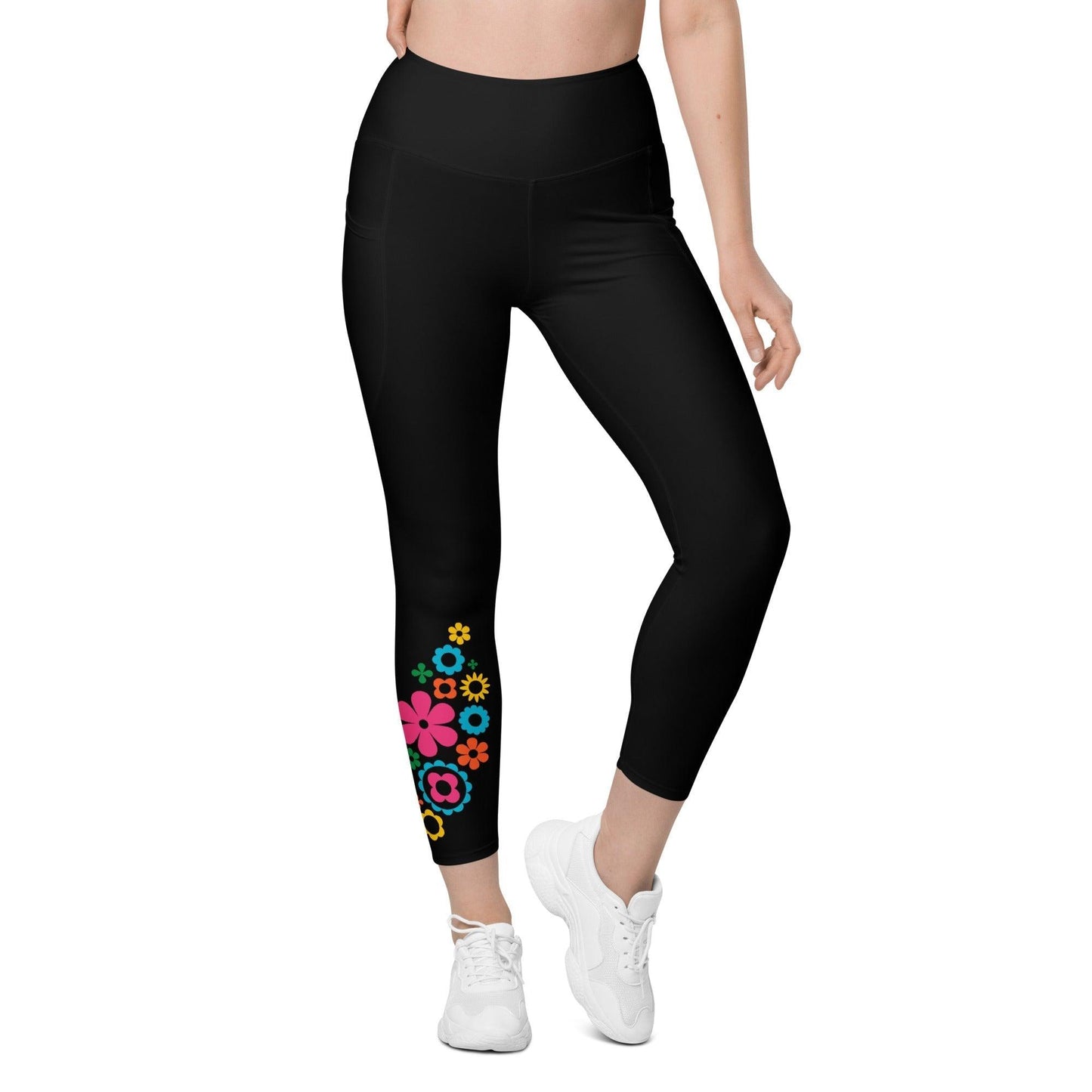 Leggings With Pockets - BLOOMPOP happy in black - Popping Bloom Print