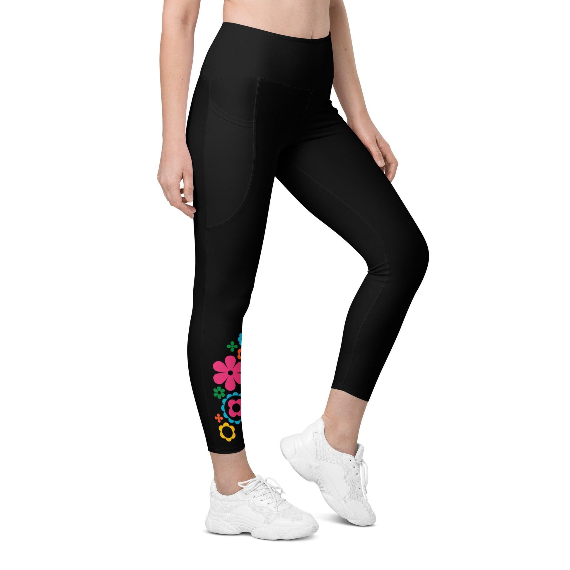 Leggings With Pockets - BLOOMPOP happy in black - Popping Bloom Print