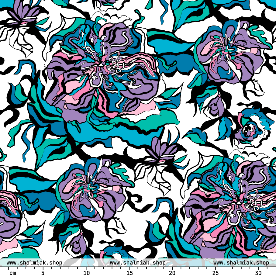 Fabric - BLOOM RIOT blue white - Edgy floral print