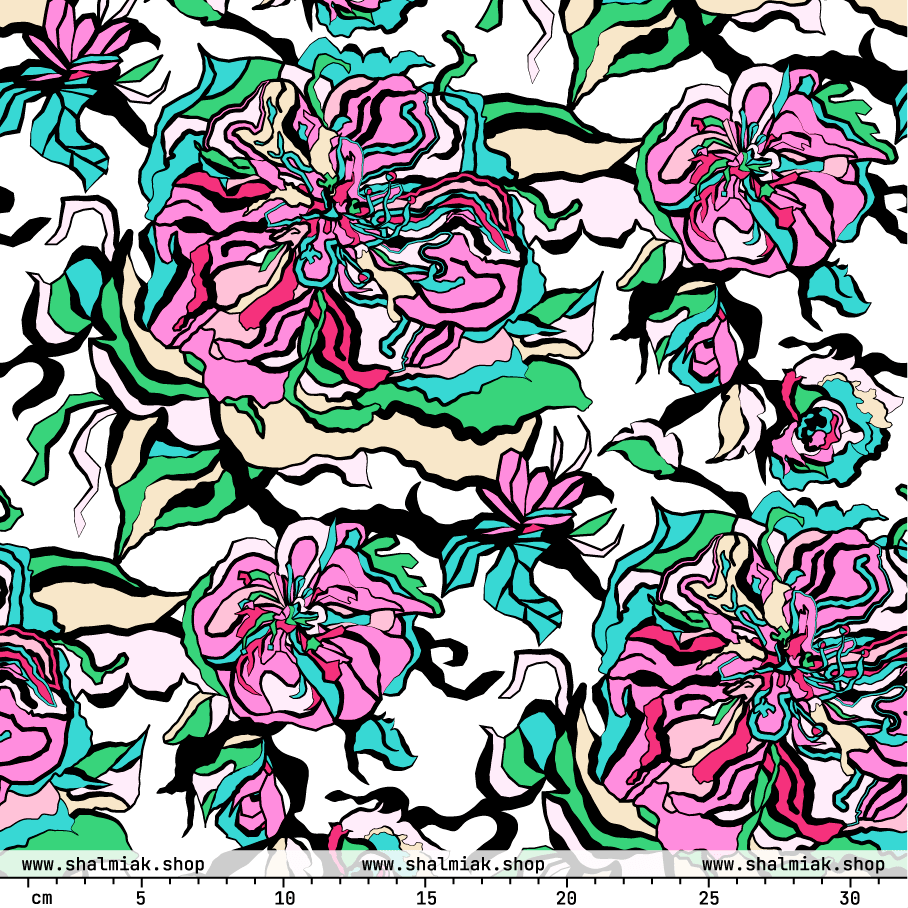 Fabric - BLOOM RIOT pink white - Edgy floral print