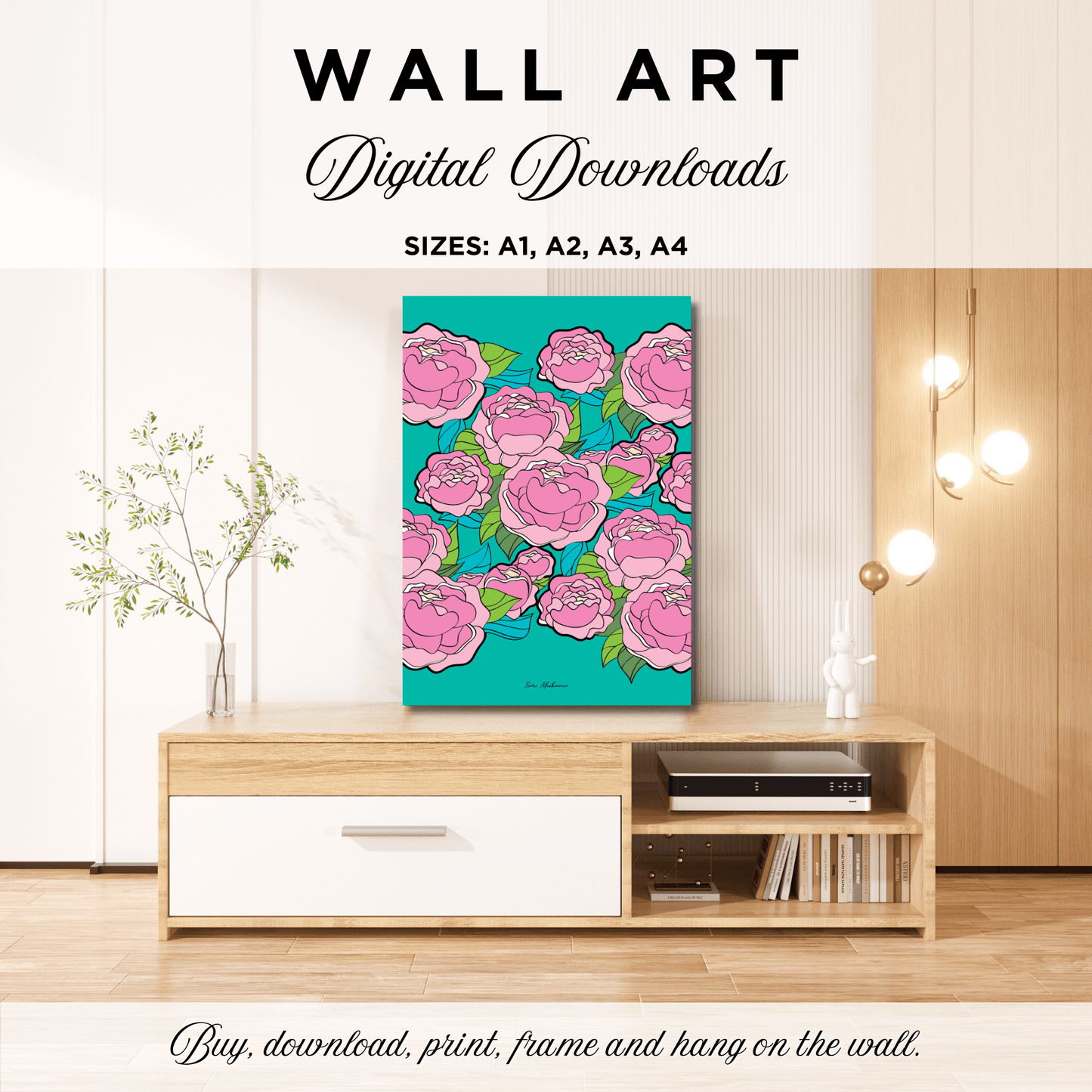 DIGITAL WALL ART - BE MY ONLY pink mint - Bold pink peony print