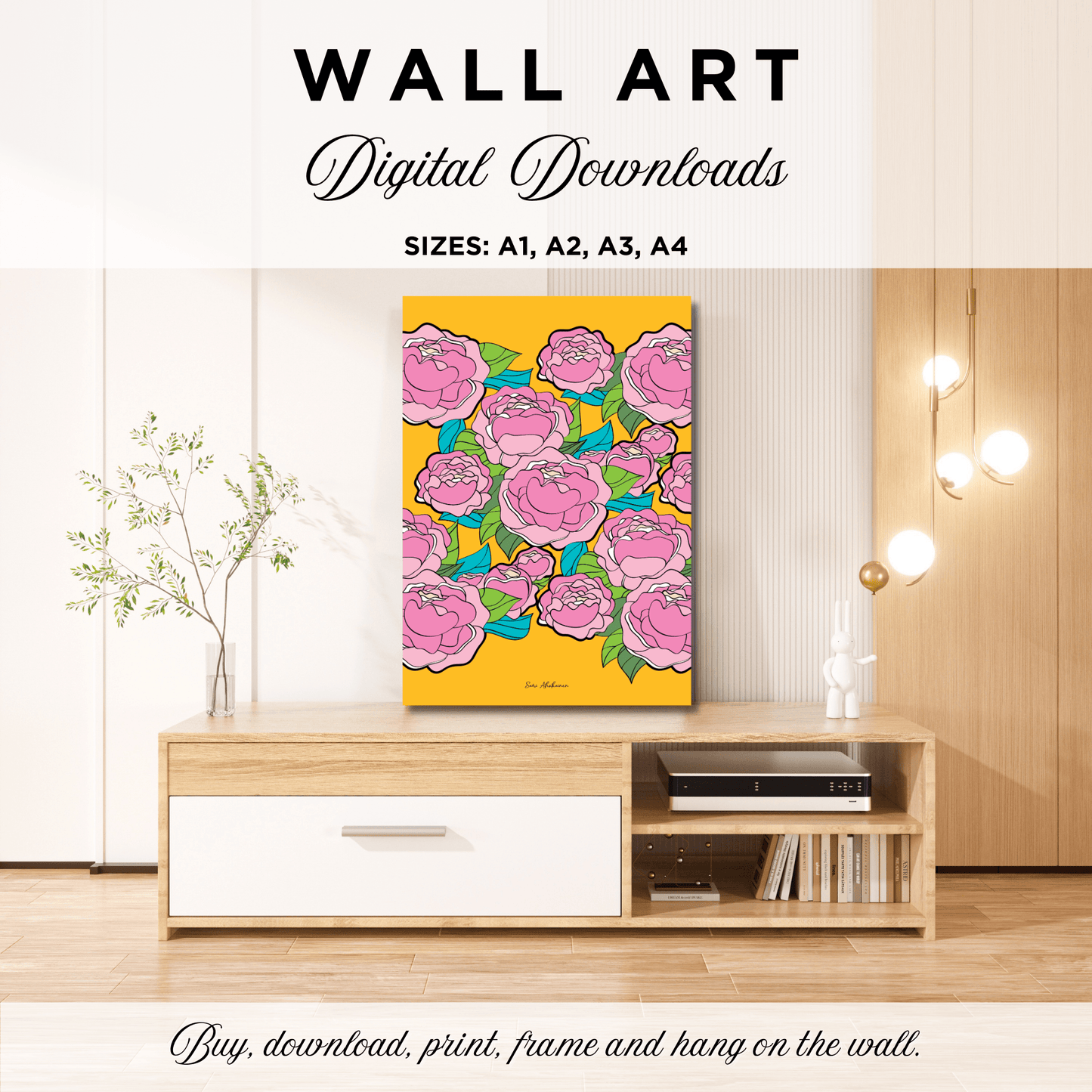 DIGITAL WALL ART - BE MY ONLY pink yellow - Bold pink peony print