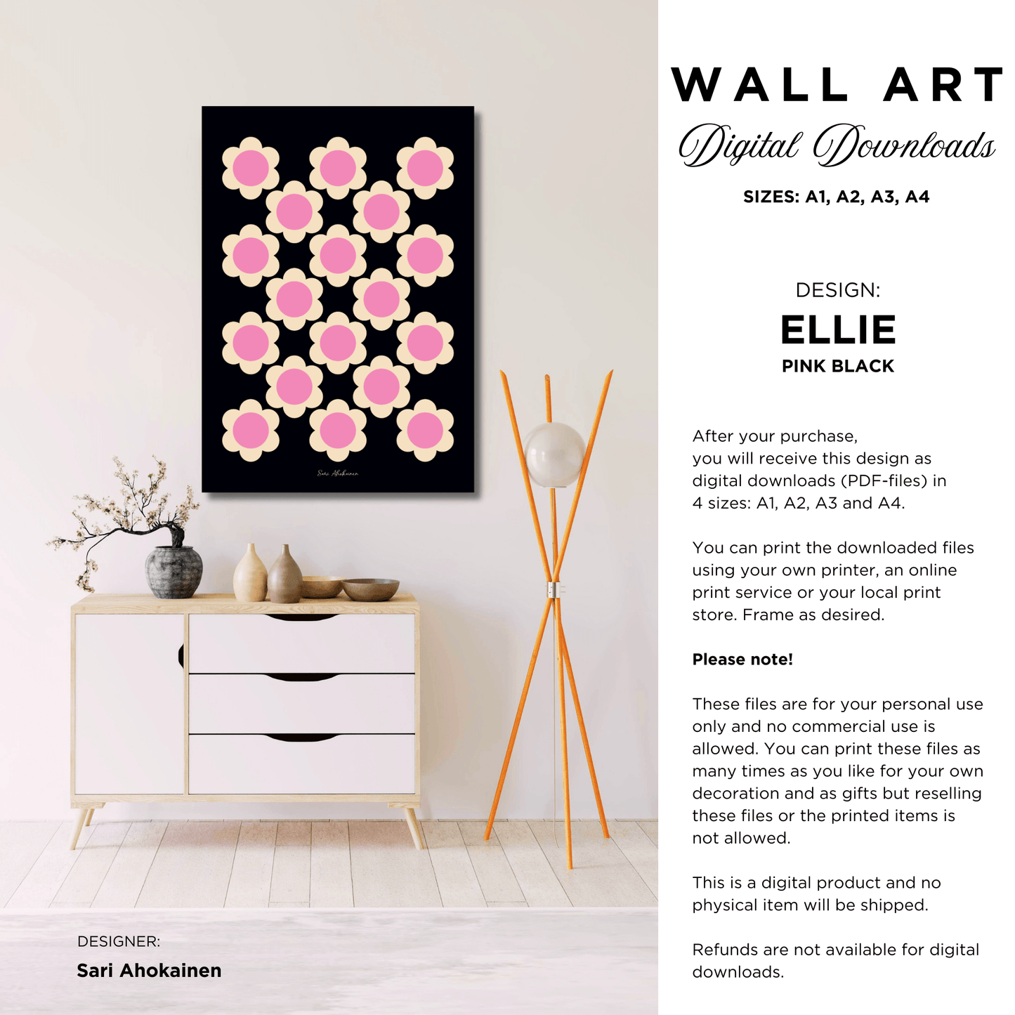 DIGITAL WALL ART - ELLIE pink black - Classic floral print