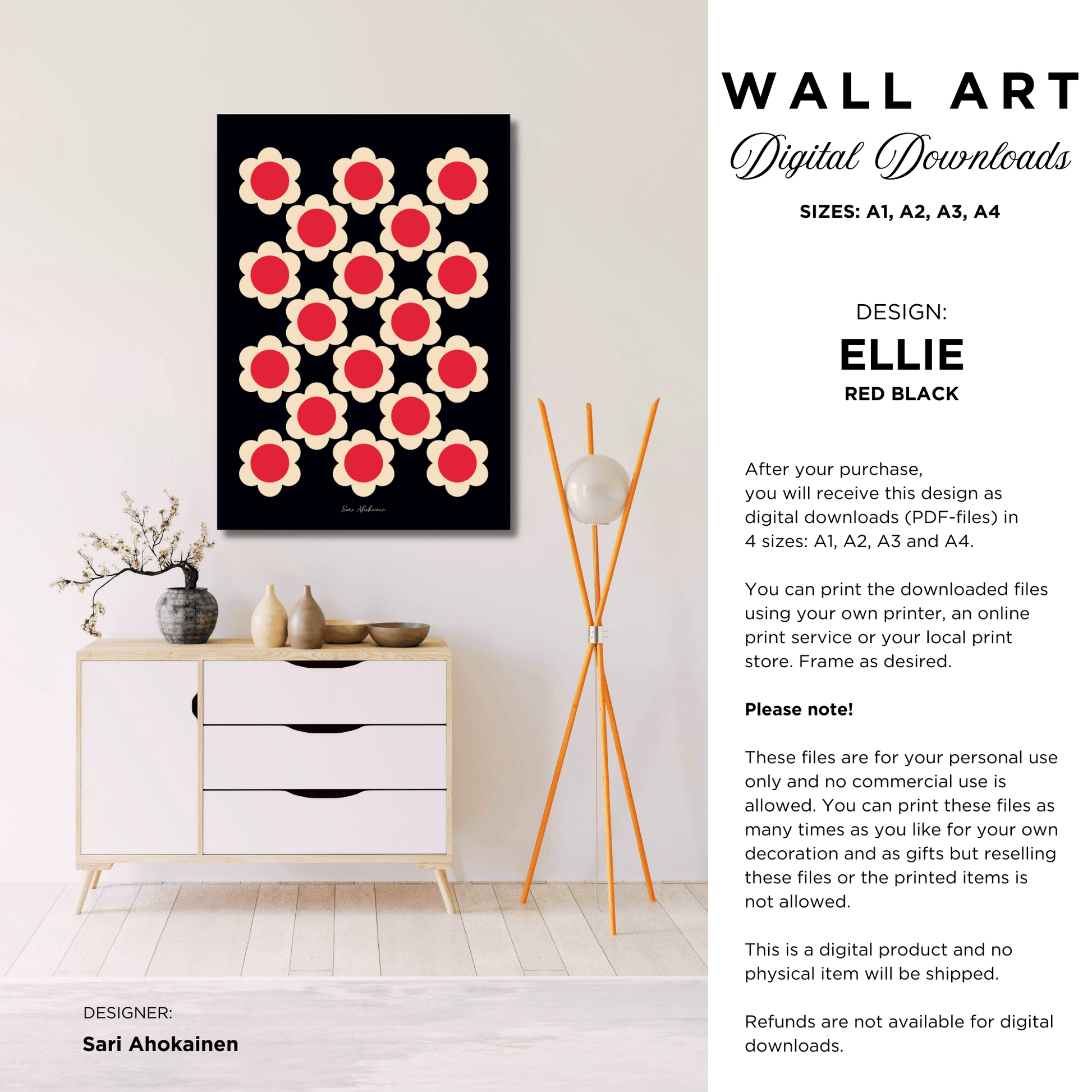 DIGITAL WALL ART - ELLIE red black - Classic floral print