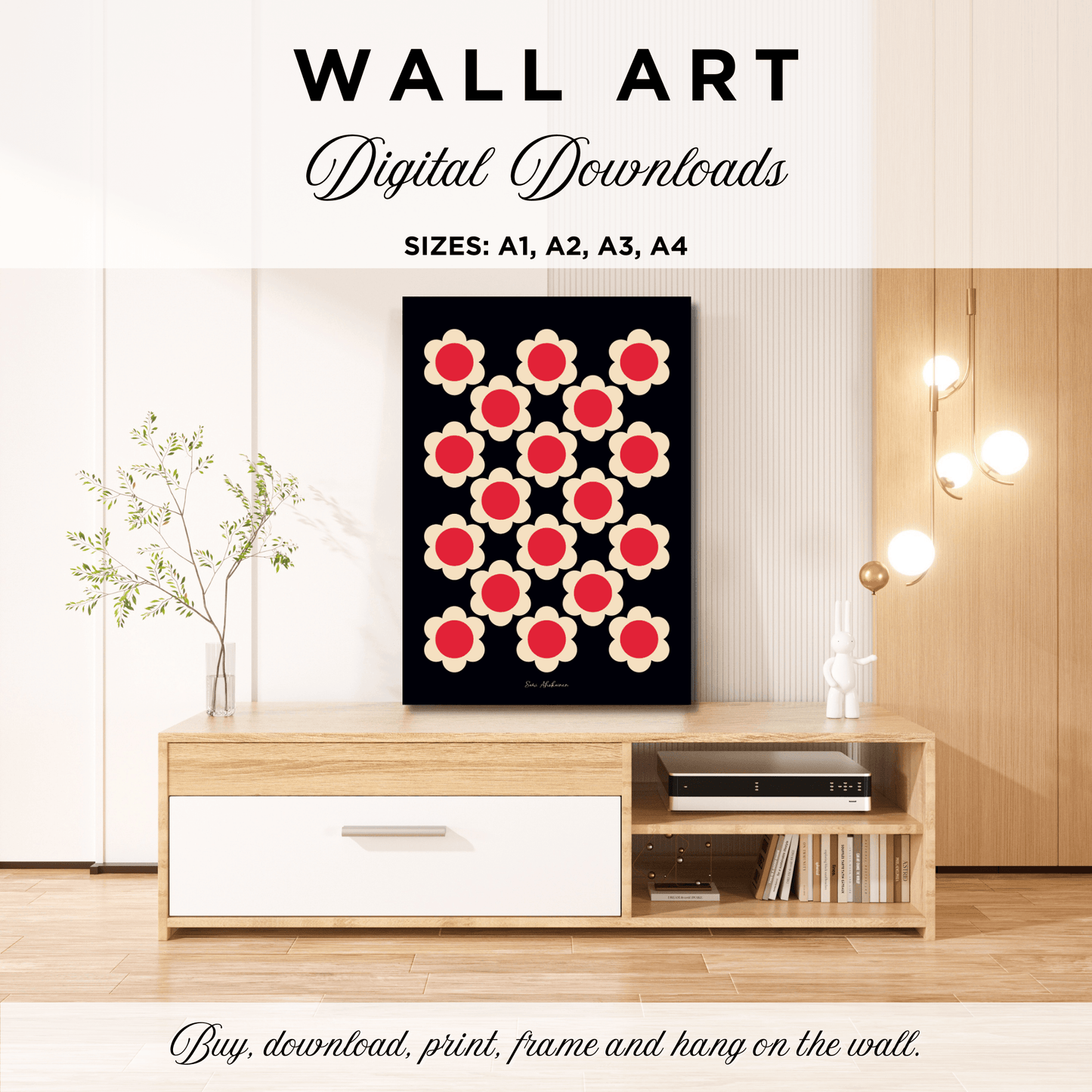 DIGITAL WALL ART - ELLIE red black - Classic floral print