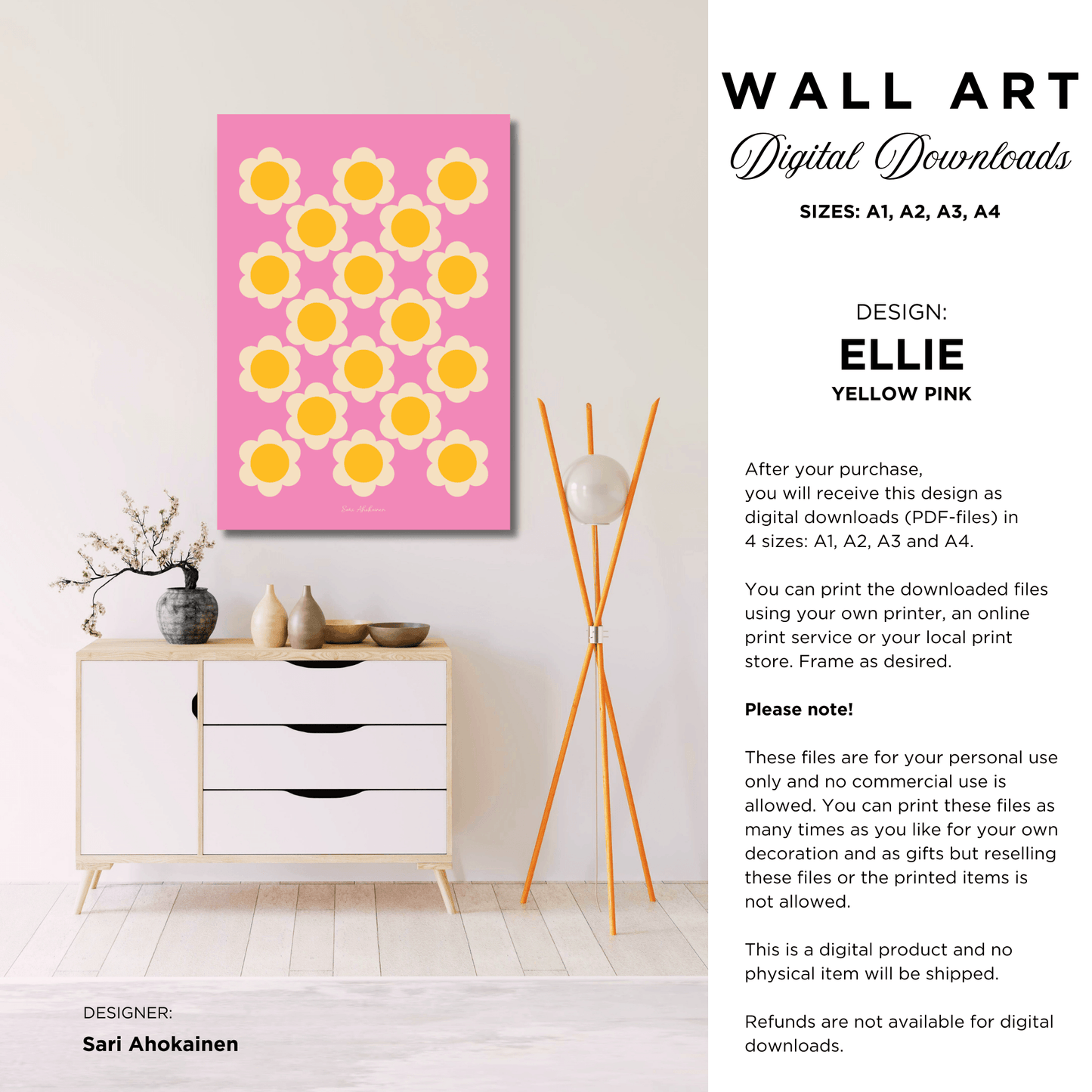 DIGITAL WALL ART - ELLIE yellow pink - Classic floral print