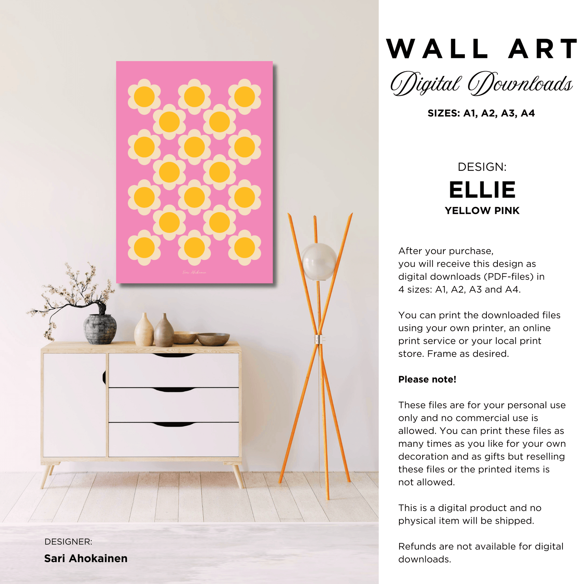 DIGITAL WALL ART - ELLIE yellow pink - Classic floral print