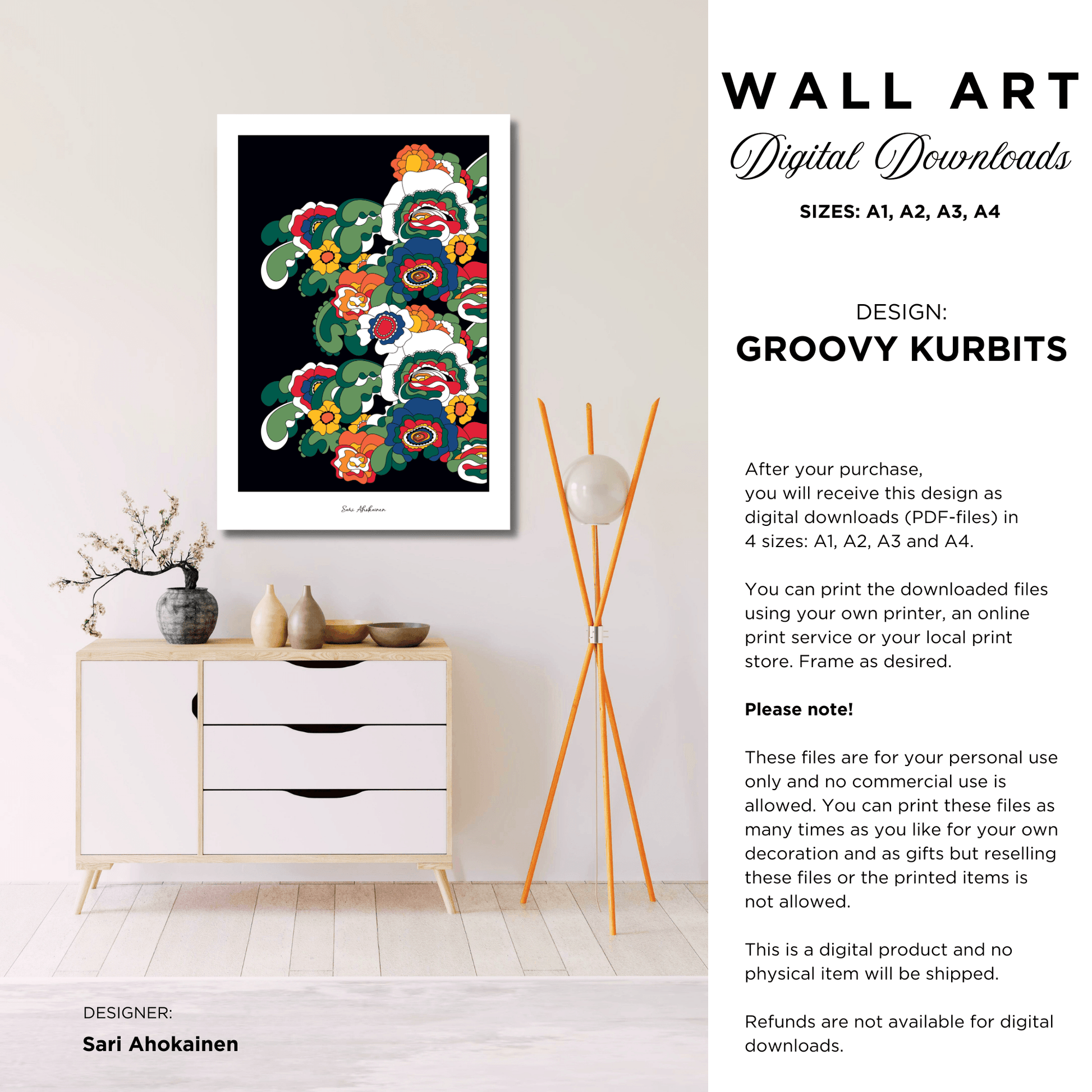 DIGITAL WALL ART - GROOVY KURBITS - Folk floral print