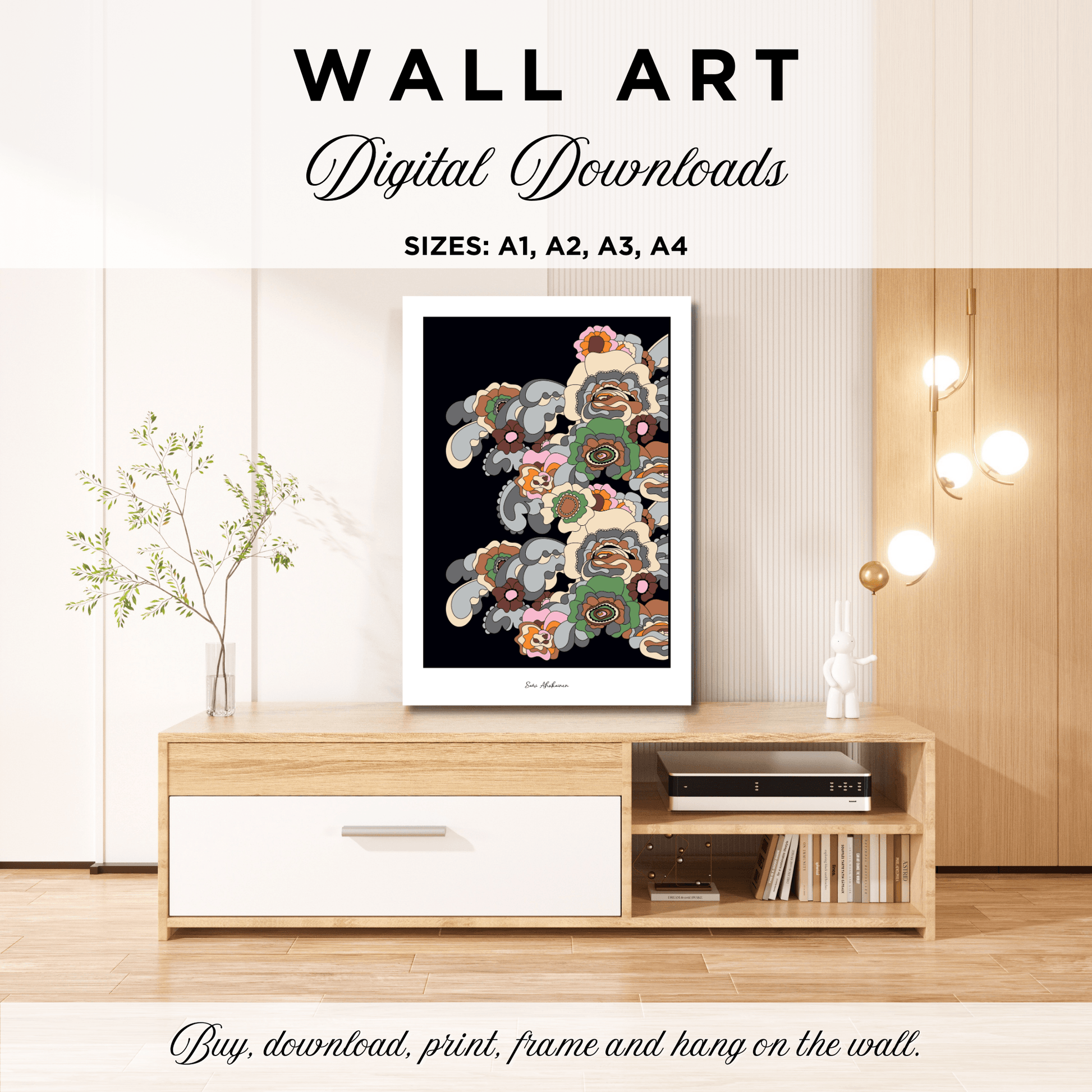 DIGITAL WALL ART - GROOVY KURBITS natural - Folk floral print