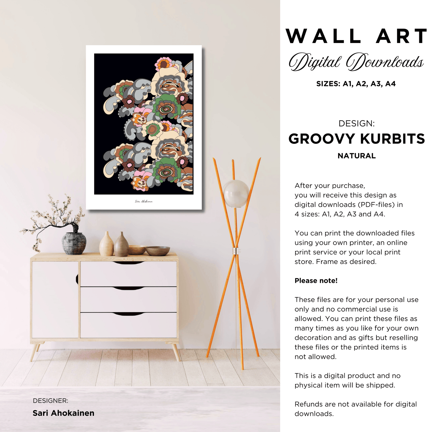 DIGITAL WALL ART - GROOVY KURBITS natural - Folk floral print