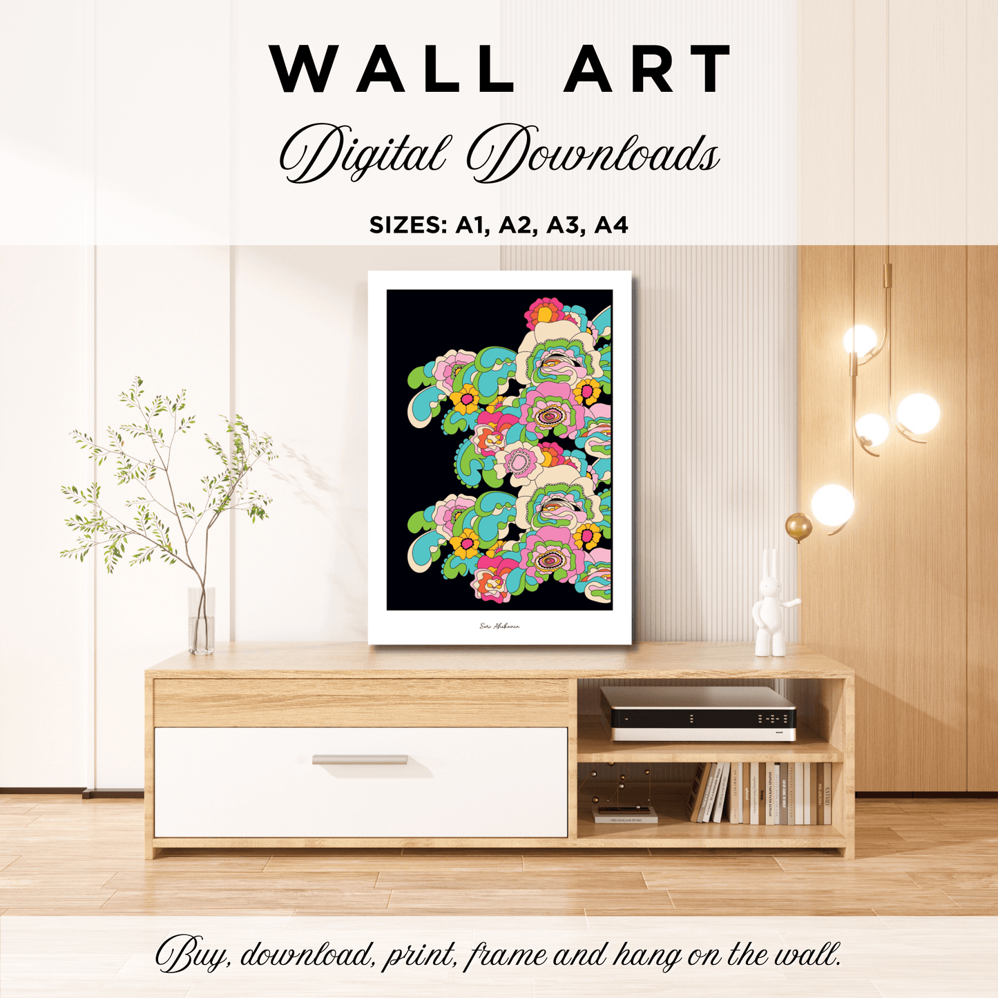 DIGITAL WALL ART - GROOVY KURBITS pastel - Folk floral print