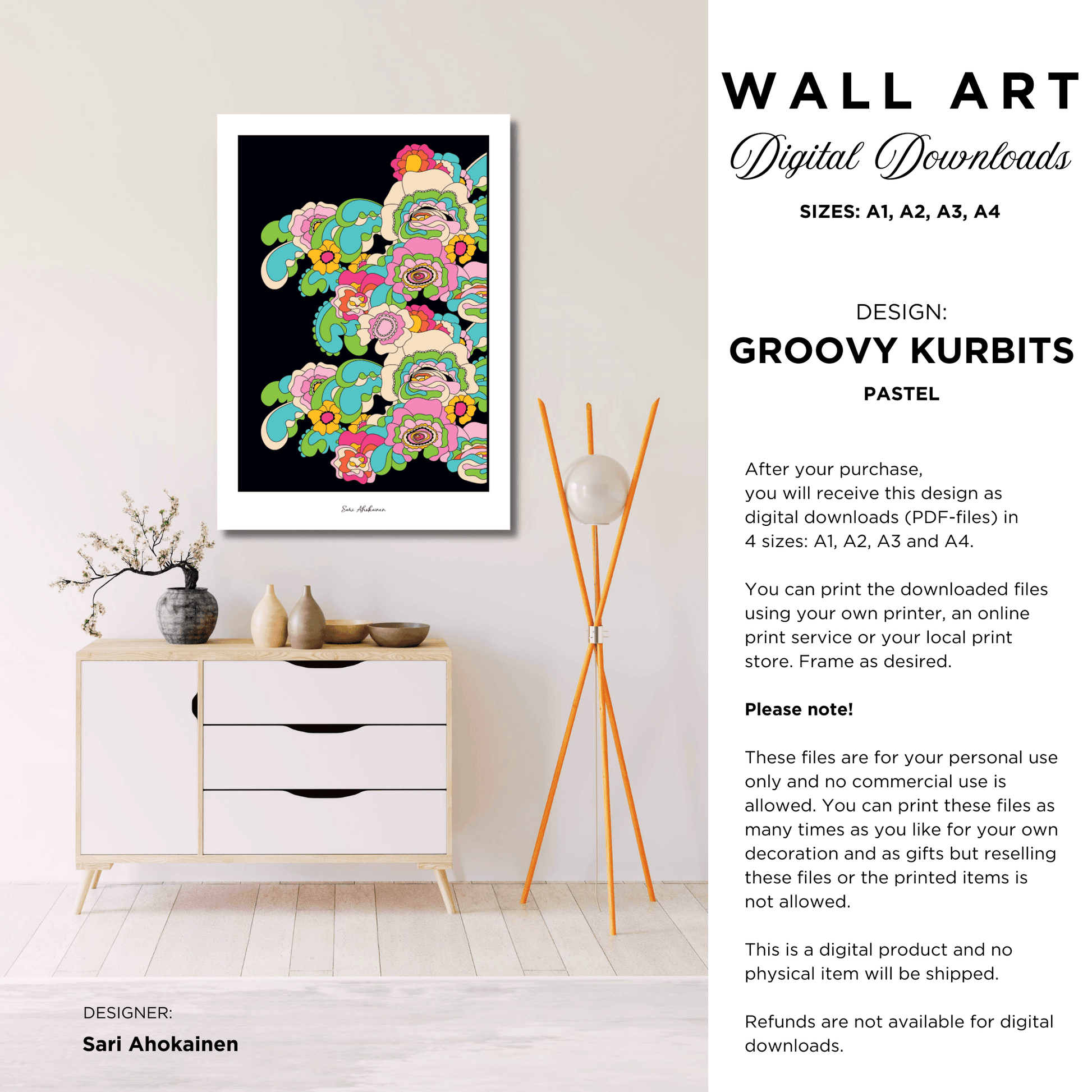 DIGITAL WALL ART - GROOVY KURBITS pastel - Folk floral print