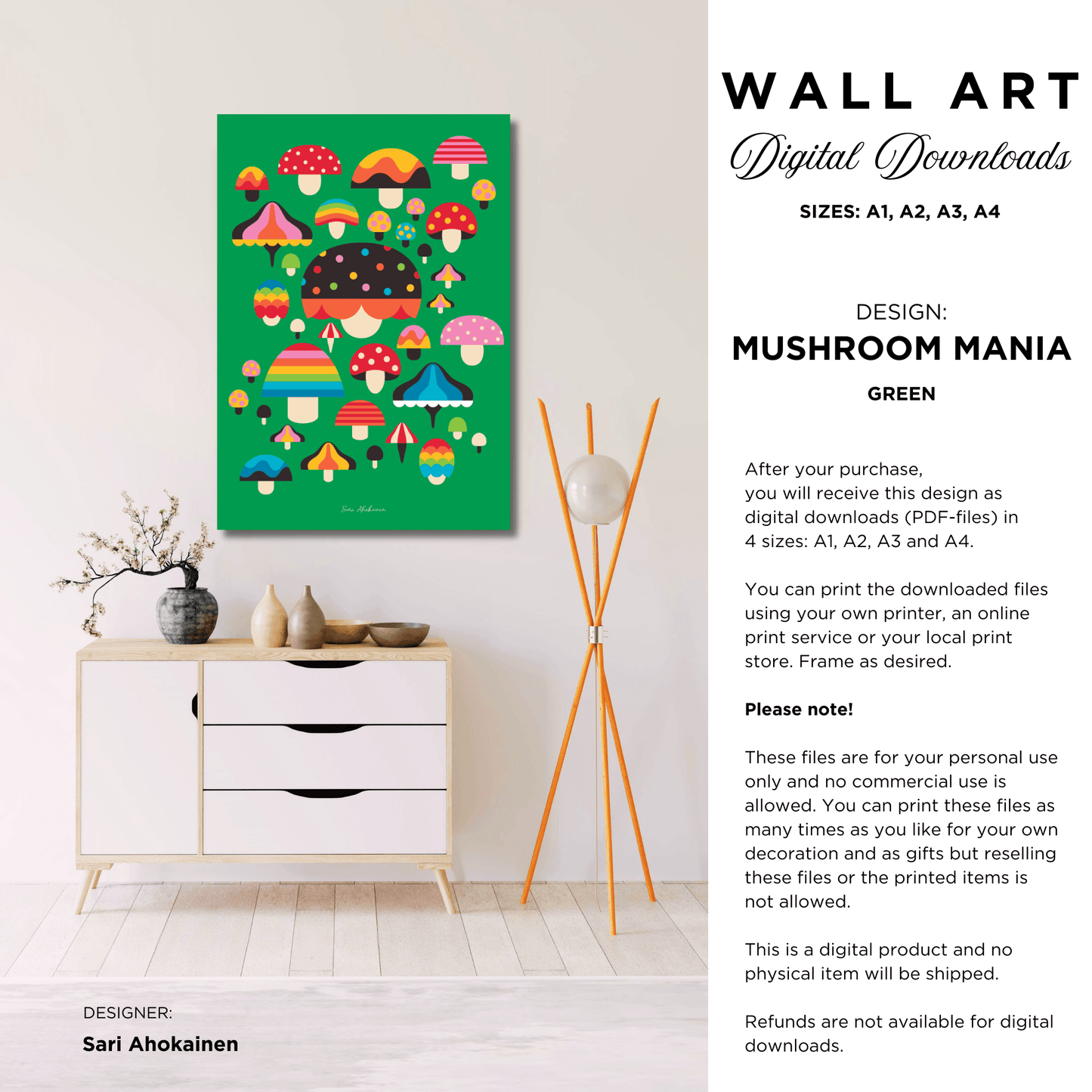 DIGITAL WALL ART - MUSHROOM MANIA green - Colorful mushroom print