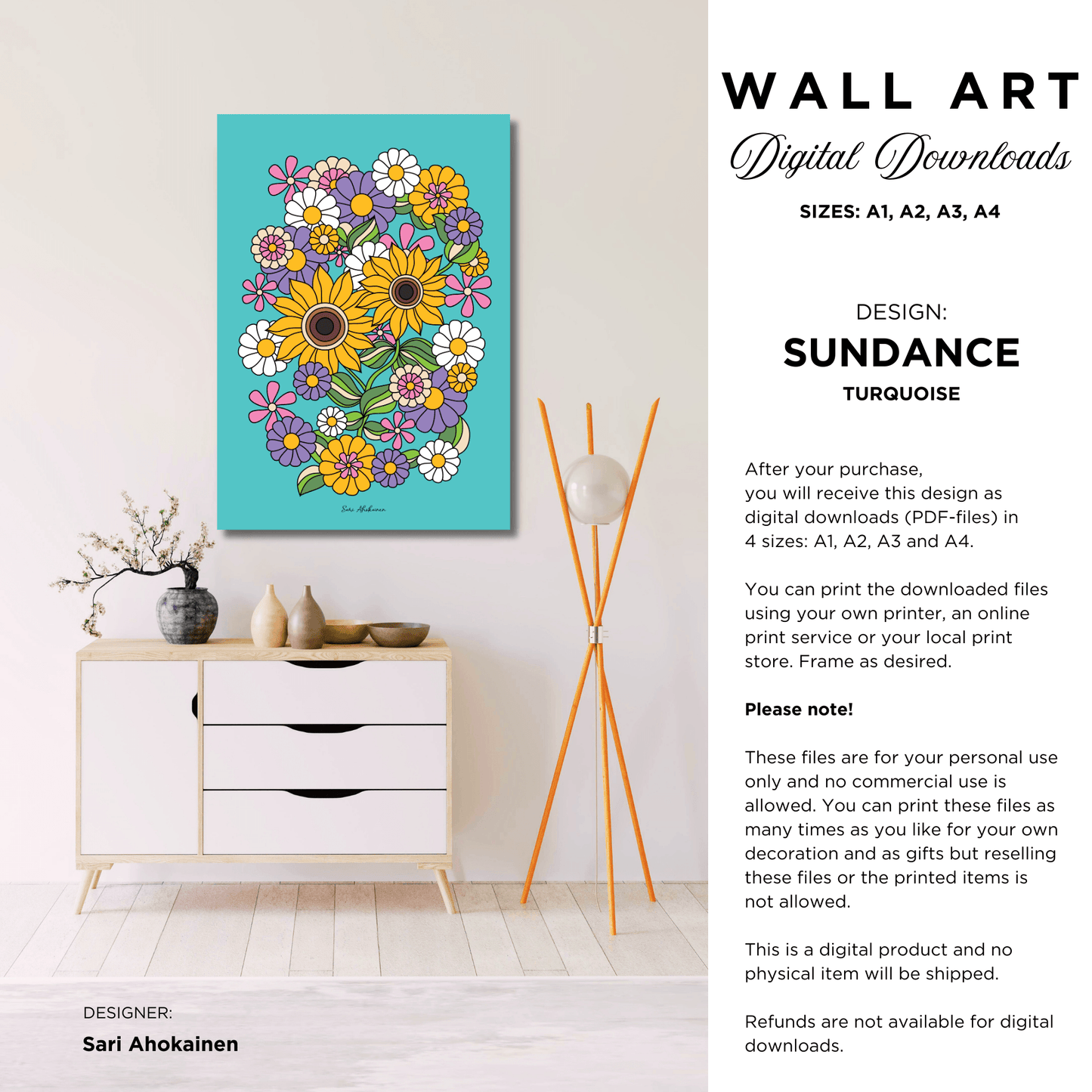 DIGITAL WALL ART - SUNDANCE turquoise - Bold sunflower print