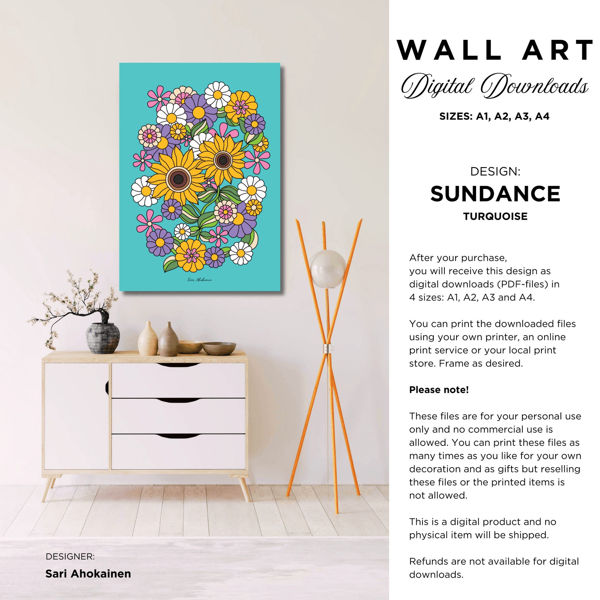 DIGITAL WALL ART - SUNDANCE turquoise - Bold sunflower print