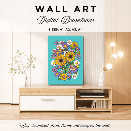 DIGITAL WALL ART - SUNDANCE turquoise - Bold sunflower print