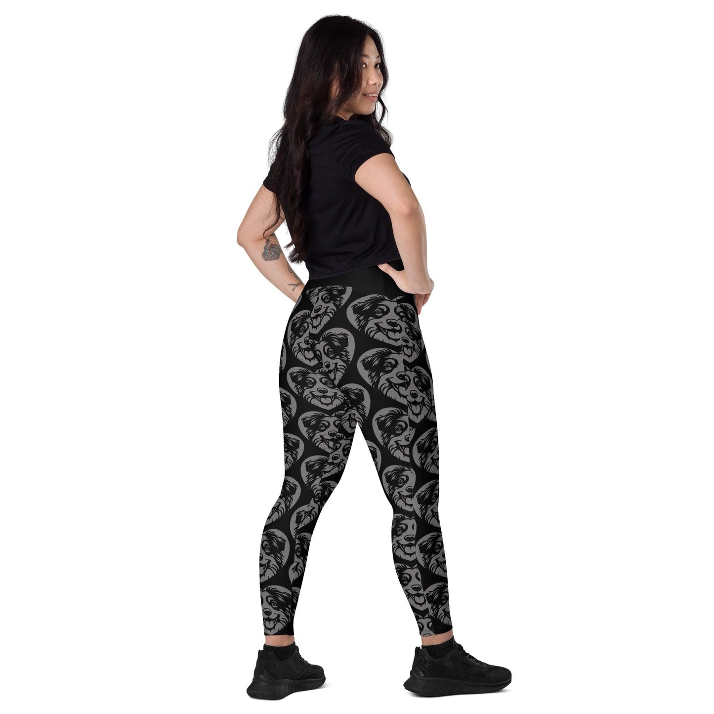 Dog breed leggings with pockets - AMERICAN SHEPHERD MINIATURE - HERTTAHOUND - grey - Retro floral print