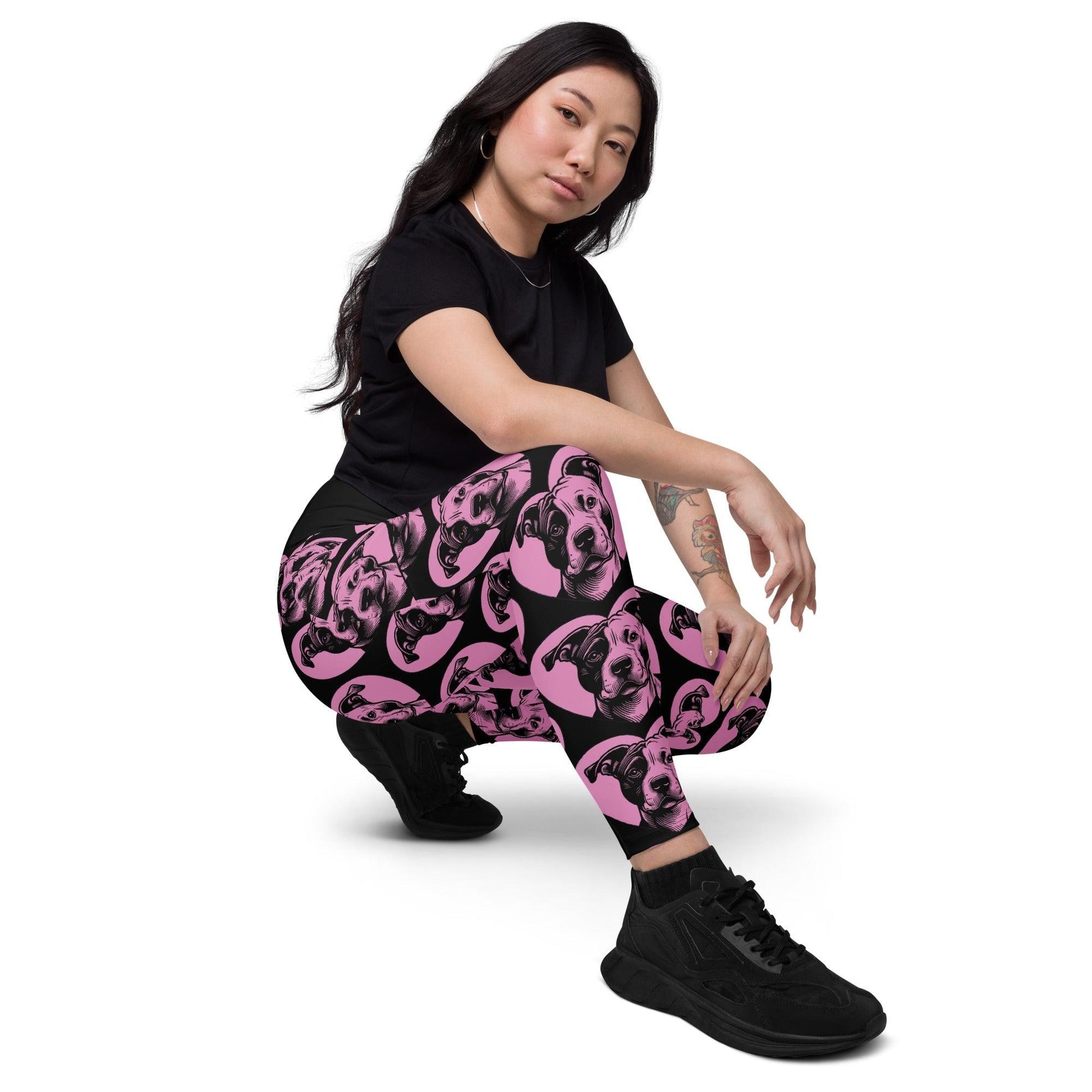 Dog breed leggings with pockets - AMERICAN STAFFORDSHIRE TERRIER - HERTTAHOUND - pink - Retro floral print 6XL