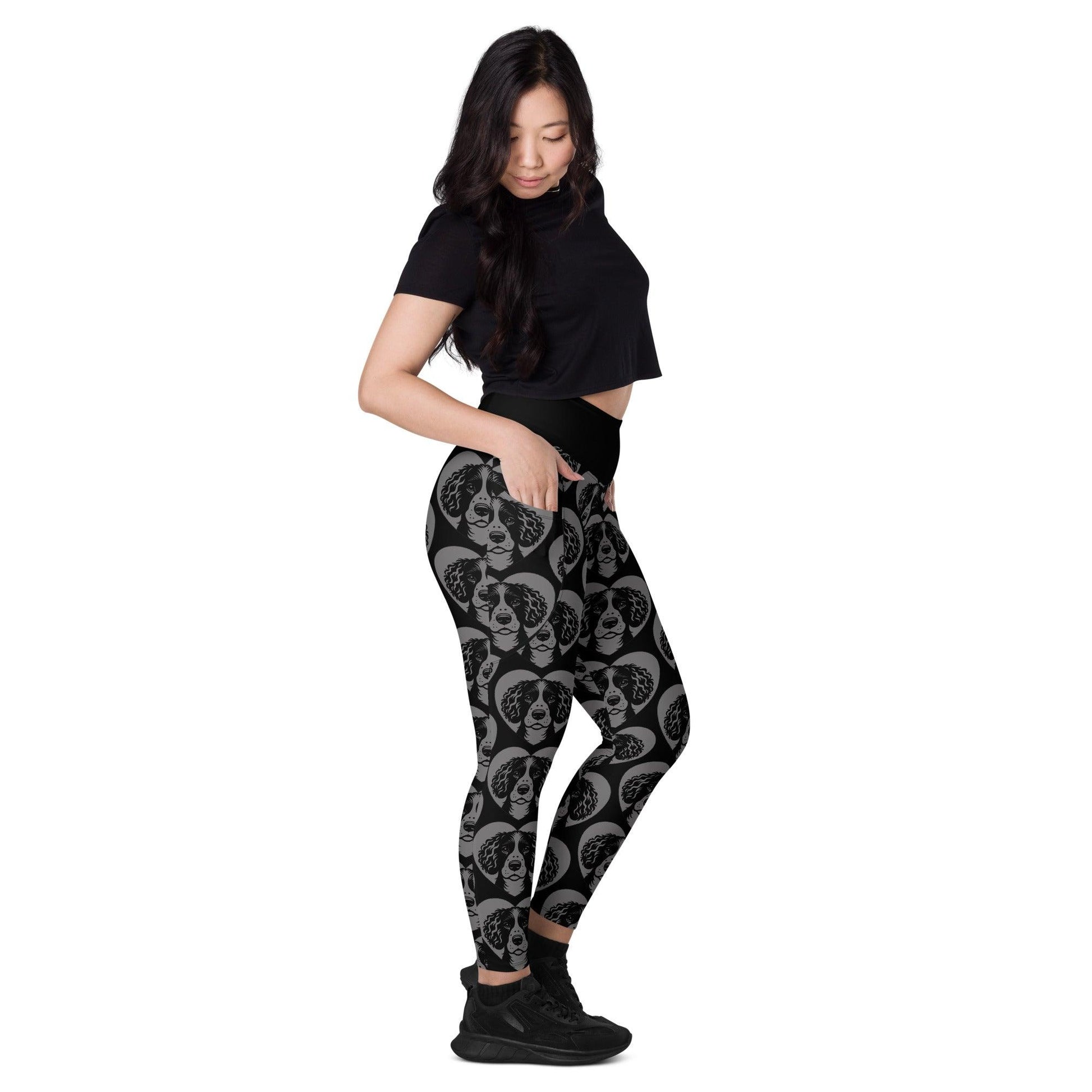 Dog breed leggings with pockets - AMERICAN WATER SPANIEL - HERTTAHOUND - grey - Retro floral print