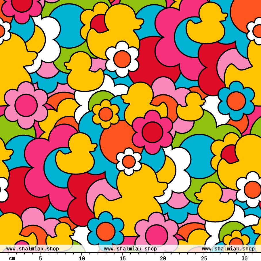 Fabric - DUCK PARADISE color - Flower ducks print