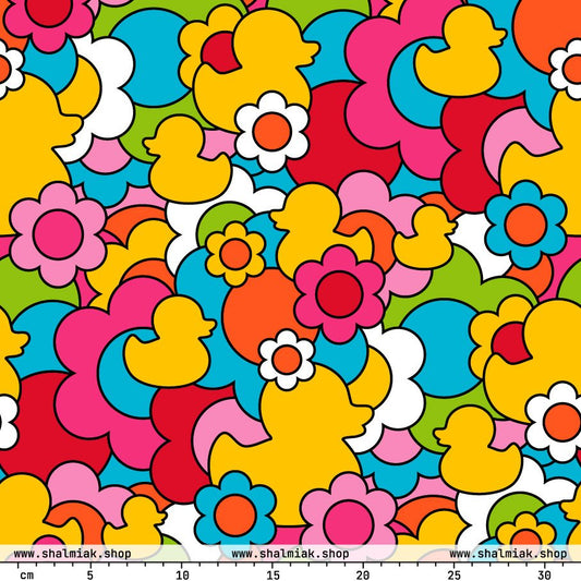 Fabric - DUCK PARADISE color - Flower ducks print