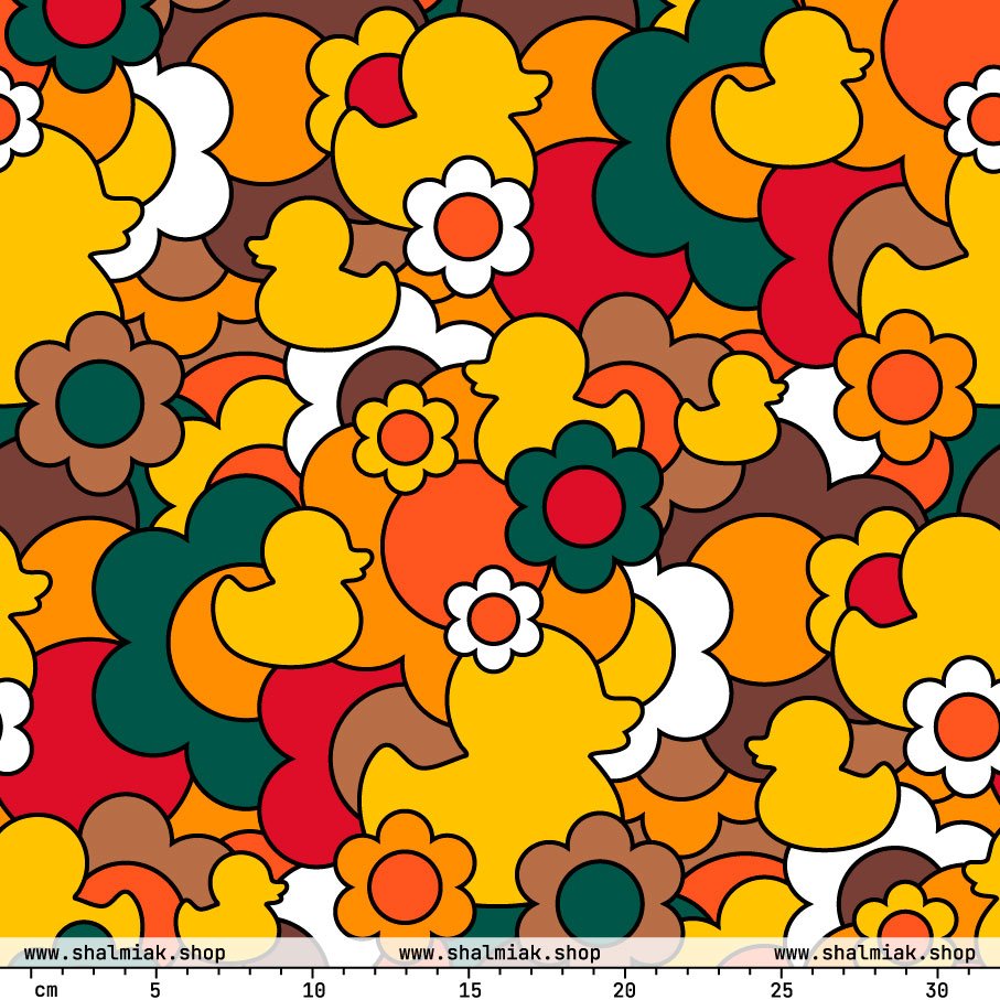 Fabric - DUCK PARADISE retro - Flower ducks print